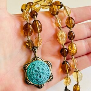 90s Y2K BOHO Necklace colorful poured art Glass beaded Earthy Statement rare 18"